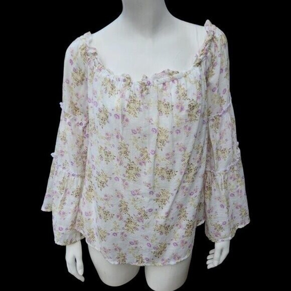 Rue21 Blouse Womens XL White Purple Floral Boho Bell Sleeve Square Neck Ruffle